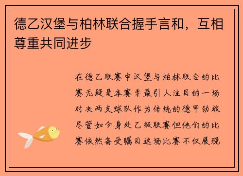 德乙汉堡与柏林联合握手言和，互相尊重共同进步